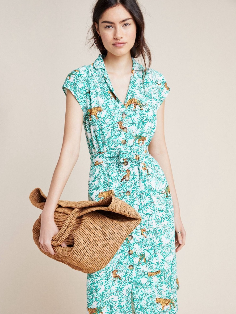 Anthropologie Maeve Botanical Whimsical Tiger Button Front Shirt Dress - Size 2